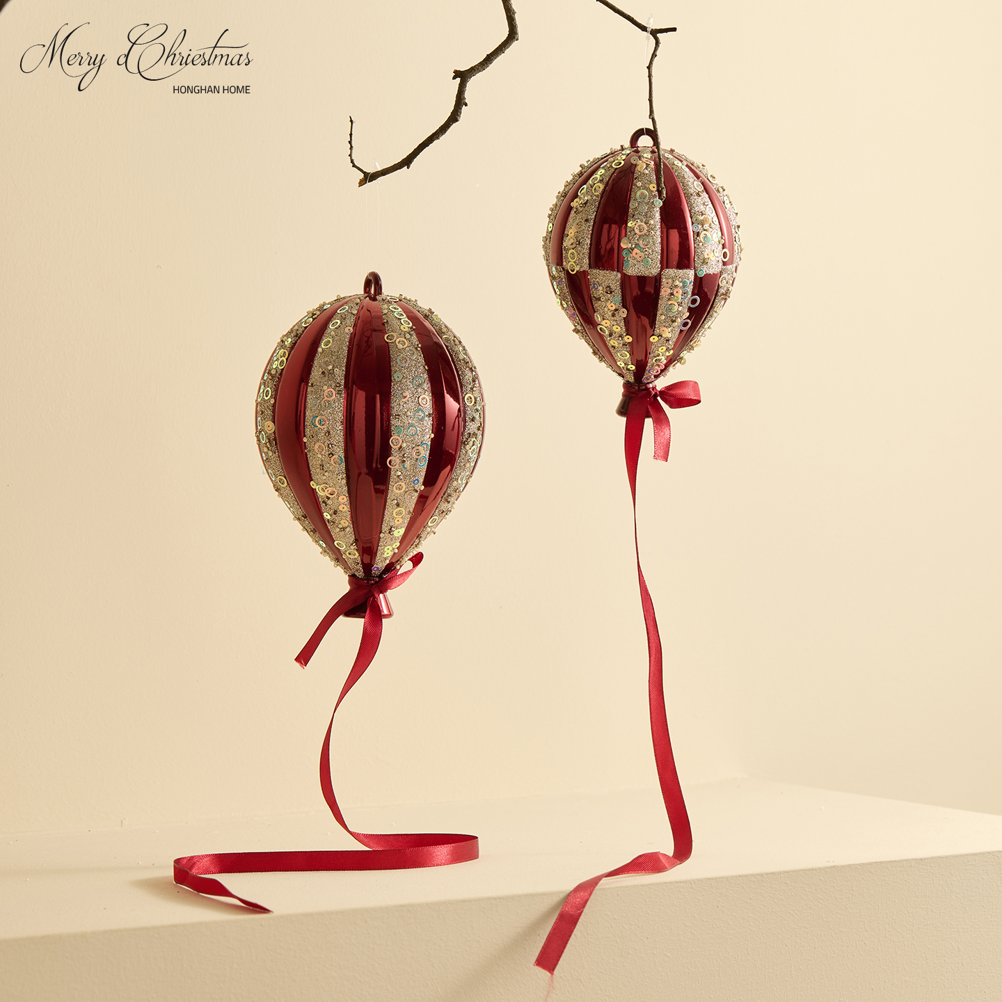 酒红色香槟色植绒球热气球挂件