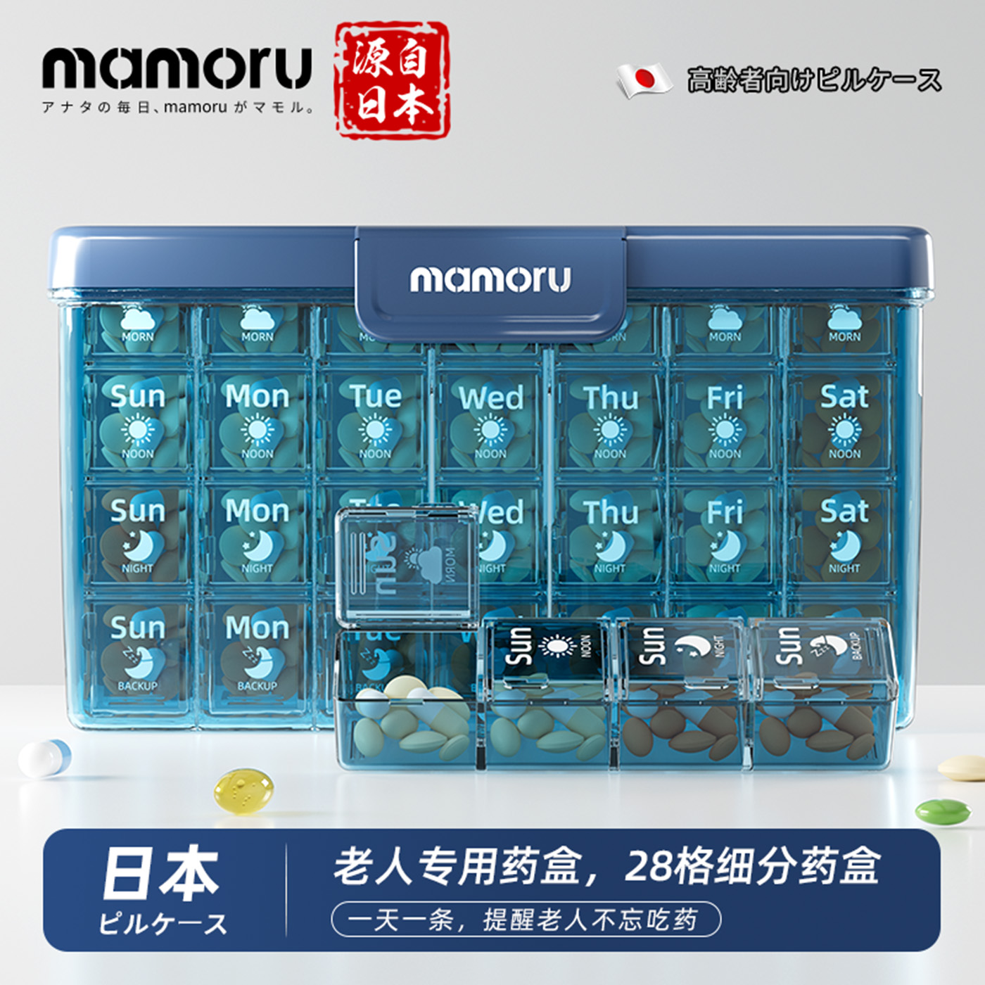 mamoru日本随身药盒便携式一周七天早中晚28格细分装药盒密封防潮