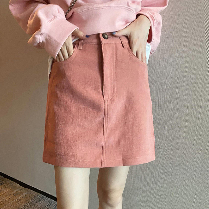 罗莱妃藕粉色灯芯绒半身裙小个子少女裙裤防走光高腰a字裙包臀裙