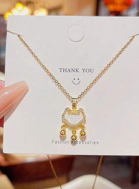 同款微镶锆石长命锁吊坠铃铛同心锁钛钢项链女气质简约锁骨链