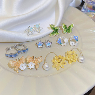 925银针夏季花朵耳钉轻奢耳环高级感ins风气质小清新小众珍珠耳饰