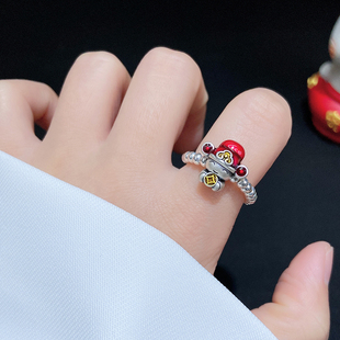 999足银戒指女纯银财神设计个性 简约百搭活口指环男潮流尾戒 时尚