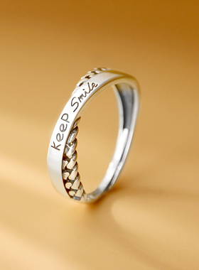 925银戒指女复古设计时尚个性潮流字母lucky气质冷淡风中食指戒子