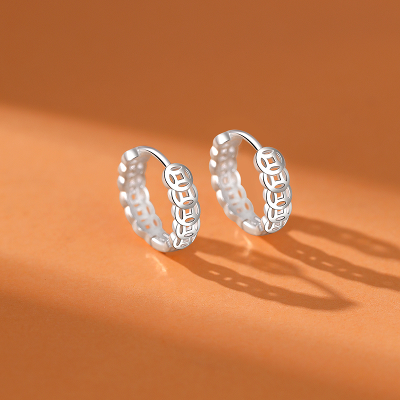 999足银耳环女纯银镂空铜钱个性耳扣民族风钱币时尚简约免摘耳圈