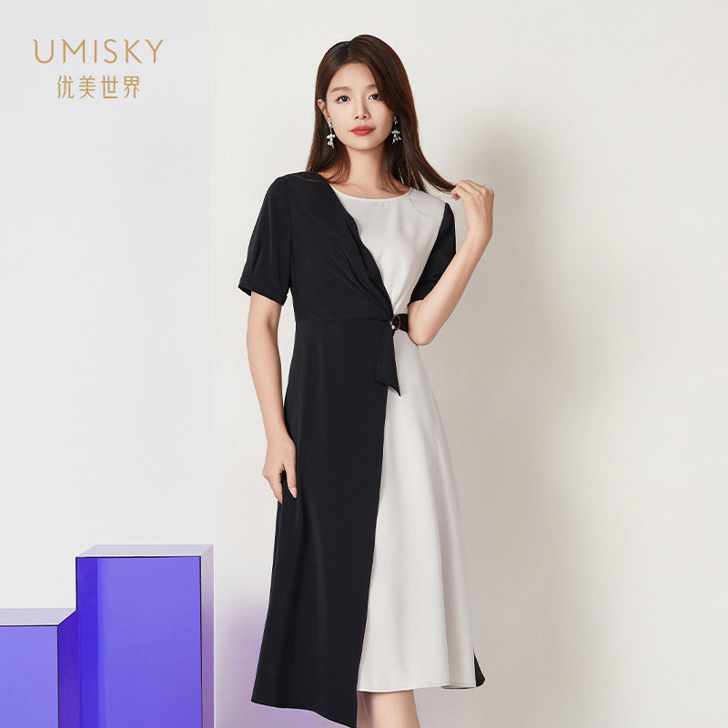 umisky优美世界商场同款夏季圆领拼色不规则a字连衣裙SK2D1020
