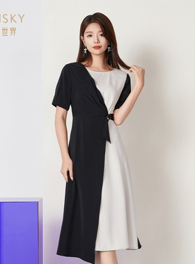 umisky优美世界商场同款夏季圆领拼色不规则a字连衣裙SK2D1020