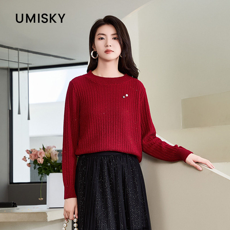 umisky优美世界商场同款春季肌理感圆领宽松套头毛衫上衣SM1W2709图片