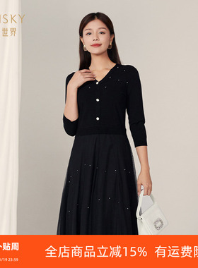 umisky优美世界专柜同款春季轻盈优雅网纱拼接针织连衣裙SK1A1002