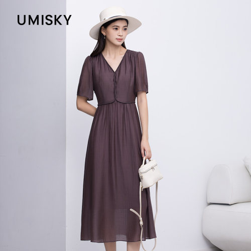 umisky优美世界商场同款夏季气质优雅风收腰莱赛尔连衣裙SM2D2819