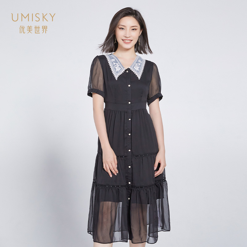 umisky优美世界2023夏季新款法式撞色拼接蕾丝蛋糕连衣裙VI2D1038