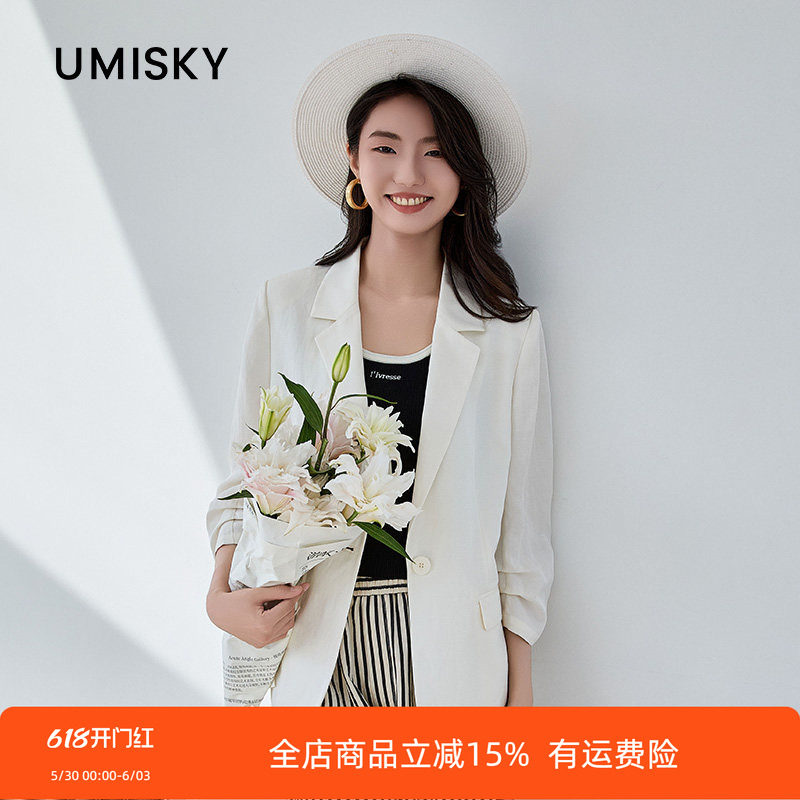 umisky优美世界商场同款春时尚气质一粒扣七分袖西装外套SM1C1004