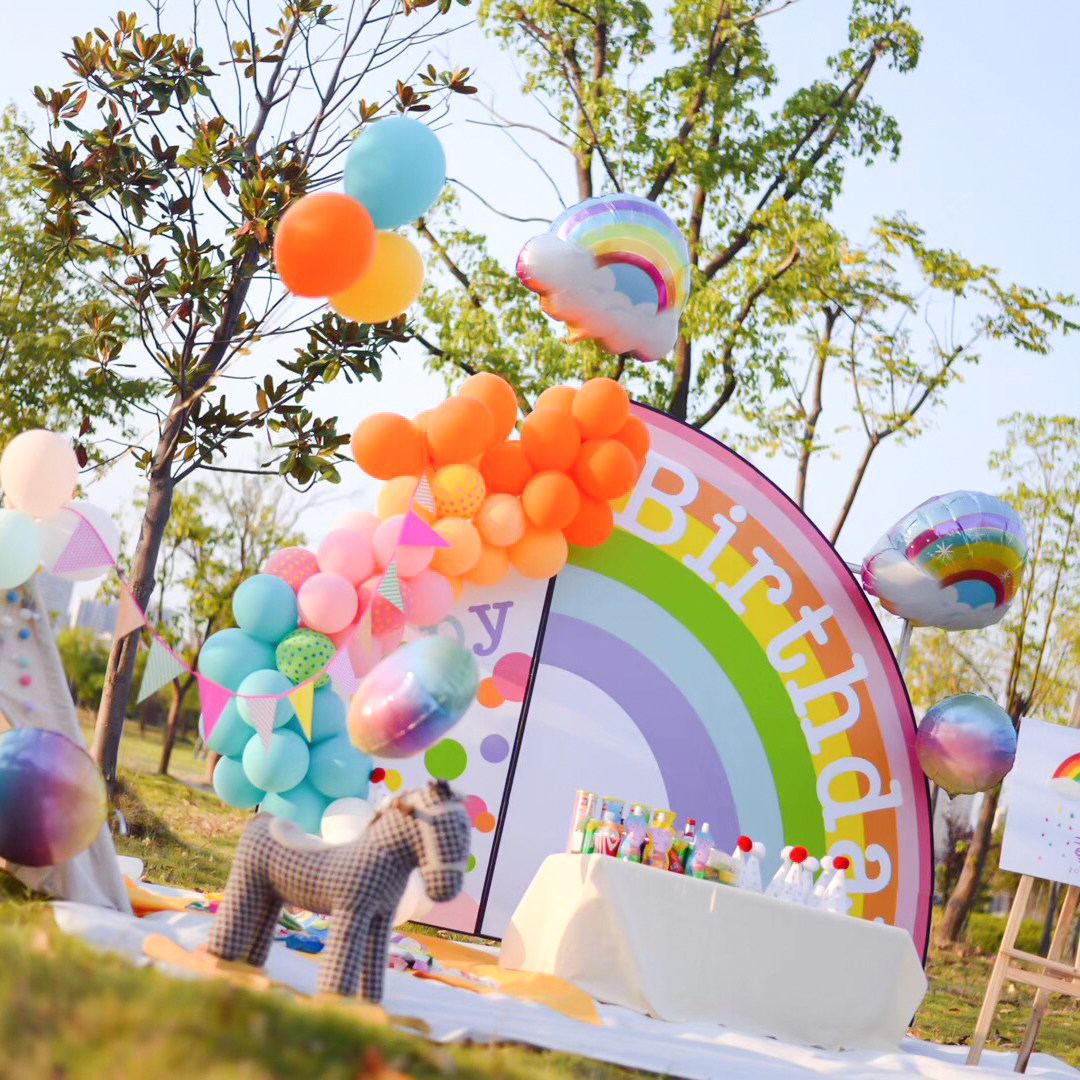 彩虹女宝宝生日周岁气球背景墙清新装饰KT板场景布置装扮