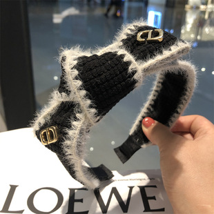 黑白简约毛绒蝴蝶结CD头箍带齿防滑布艺压发发卡打结气质冬新款