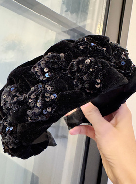 B155韩版亮片黑色金丝绒发箍女高颅顶压发头箍气质显脸小新款头饰