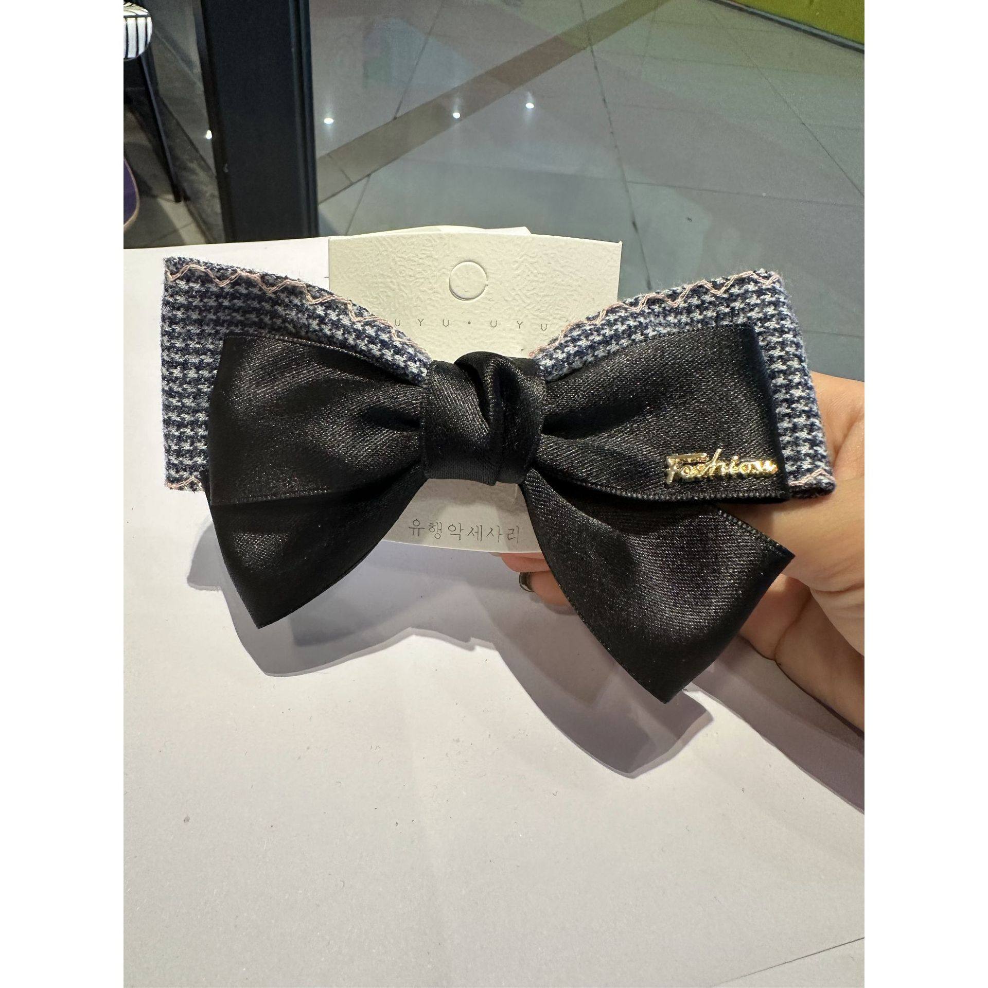 毛绒千鸟格布艺蝴蝶结发夹清新水钻后脑勺气质顶夹弹簧夹新款