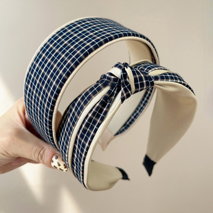 新款宽边打结松弛感蓝格子发箍简约百搭时尚发圈抓夹文艺秋冬发饰