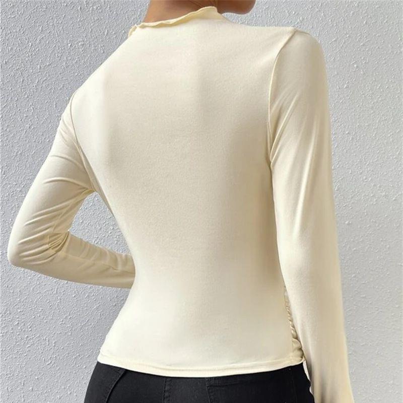 Solid Color Slim Fit Pleated Long Sleeve T-shirt Women's