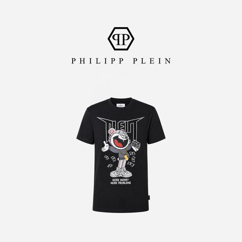 PHILIPP PLEIN 夏季男士黑色T恤复古老鼠图案宽松休闲圆领短袖