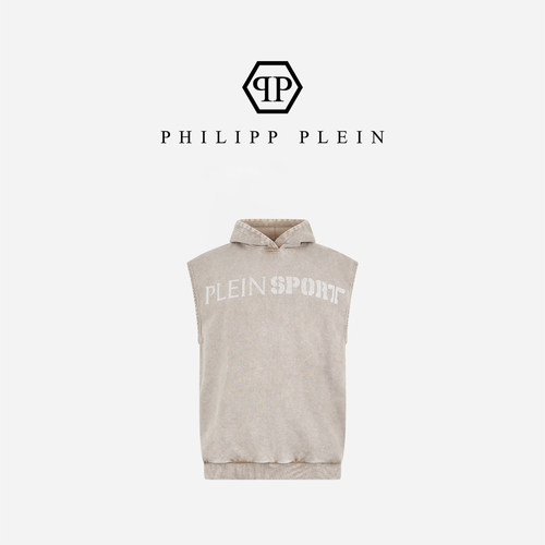PHILIPP PLEIN 男士复古做旧无袖连帽卫衣宽松马甲上衣PLEINSPORT