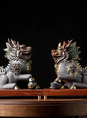 中式禅意麒麟摆件公母一对