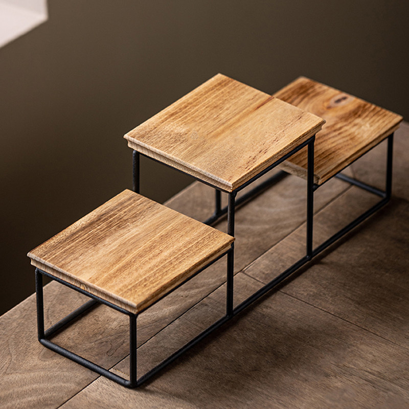 实木铁艺小号博古架子迷你桌面置物架茶几摆件底座工艺品方格子台