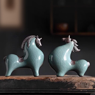 中式唐马陶瓷摆件一对招财客厅玄关办公室生肖马年吉祥物桌面装饰