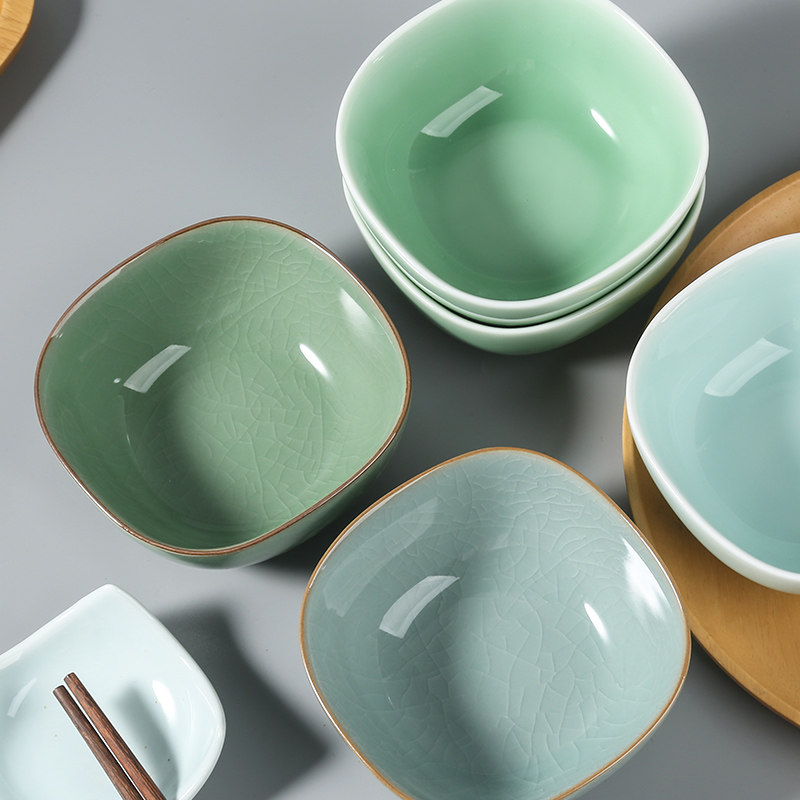 青瓷米饭碗方形碗陶瓷家用中式4.5英寸四方碗纯色哥窑冰裂纹饭碗,餐饮具,碗,淘宝优惠券,粉丝福利购,淘宝优惠卷