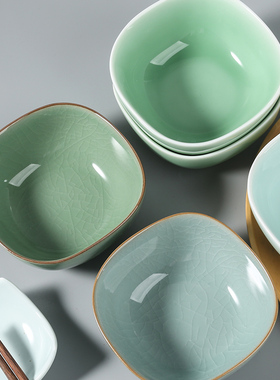 青瓷米饭碗方形碗陶瓷家用中式4.5英寸四方碗纯色哥窑冰裂纹饭碗