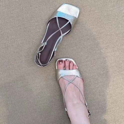 【高端现货】法式方头交叉绑带露趾内增高凉鞋女粗跟百搭罗马凉鞋