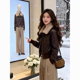 2025秋冬羊羔毛领爆款皮衣加棉韩版短款皮衣外套女洋气保暖潮外穿