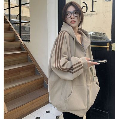 加绒加厚拉链外套女秋冬宽松慵懒风中长款运动连帽卫衣开衫上衣服