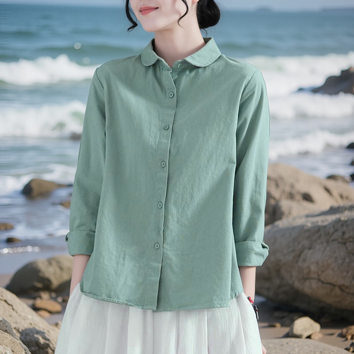 2025春秋复古文艺全棉衬衫女长袖休闲娃娃领棉麻衬衣小众别致上衣