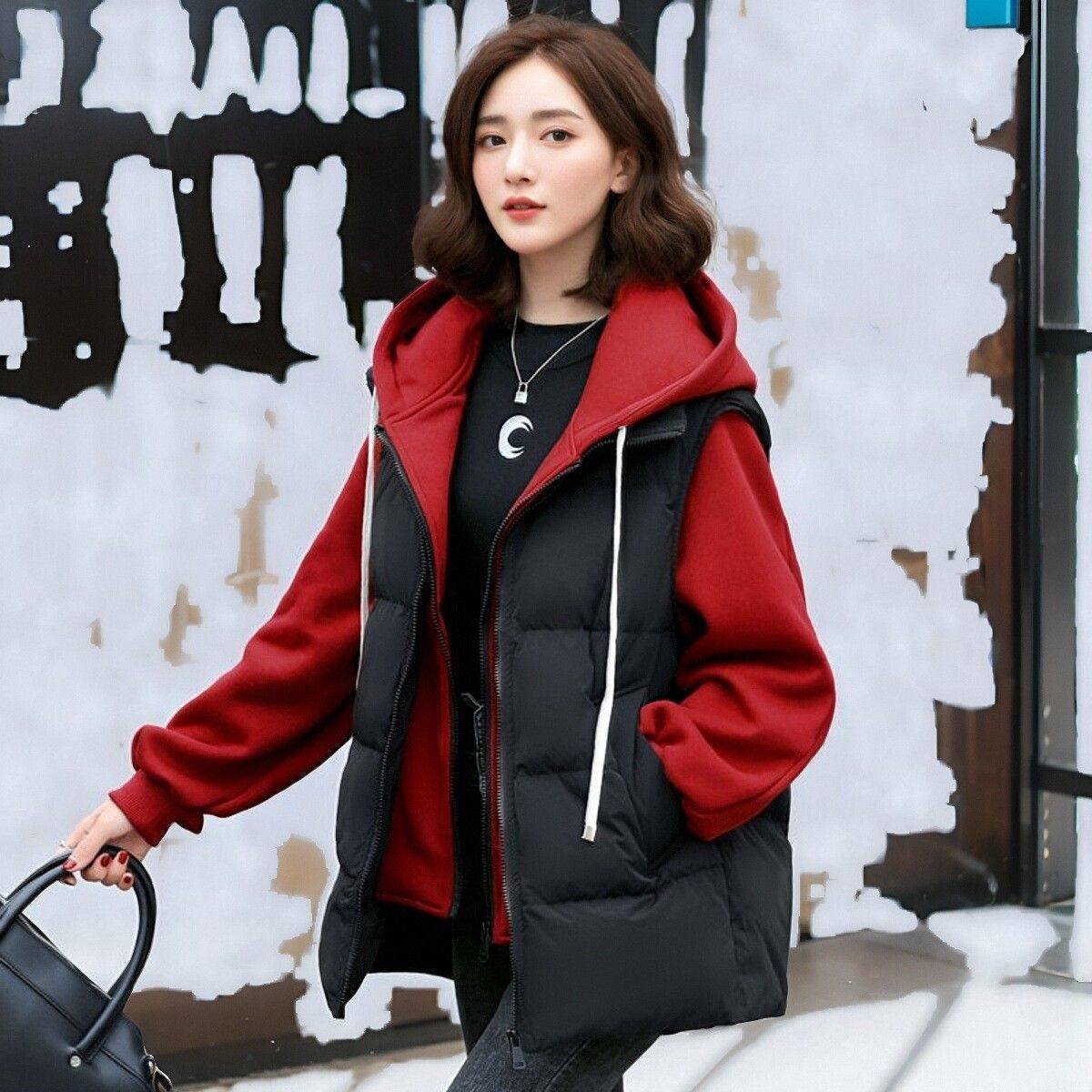 新款时尚假两件马甲卫衣拼接宽松爆款外套短款棉服女2025年冬