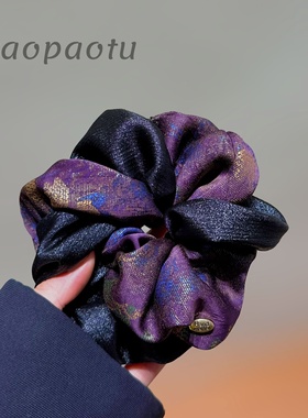 韩版复古香云纱大肠发圈女双层褶皱紫色扎染高马尾丸子头显发量款