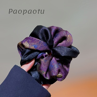 韩版复古香云纱大肠发圈女双层褶皱紫色扎染高马尾丸子头显发量款