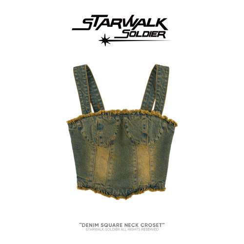 starwalk做旧风牛仔收腰胸衣吊带