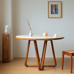 岩板圆桌中复古北欧缅甸柚木大饭桌子实木圆形餐桌日式原木设计师