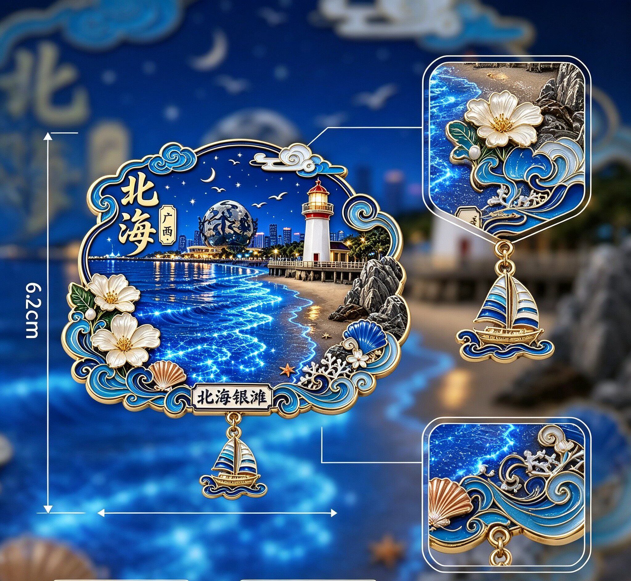 广西北海银滩蓝眼泪金属冰箱贴浮雕文创旅游纪念品伴手礼磁吸摆件