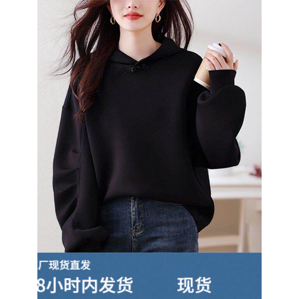 民族风盘扣休闲连帽上衣女秋冬山东即墨青岛宽松显瘦纯色打底卫衣