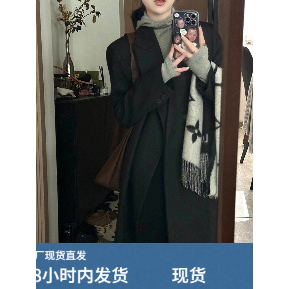 赫本风黑色西装毛呢外套女2025秋冬季新款高级感加厚正肩呢子大衣,运动/瑜伽/健身/球迷用品,广场舞套装,淘宝优惠券,粉丝福利购,淘宝优惠卷