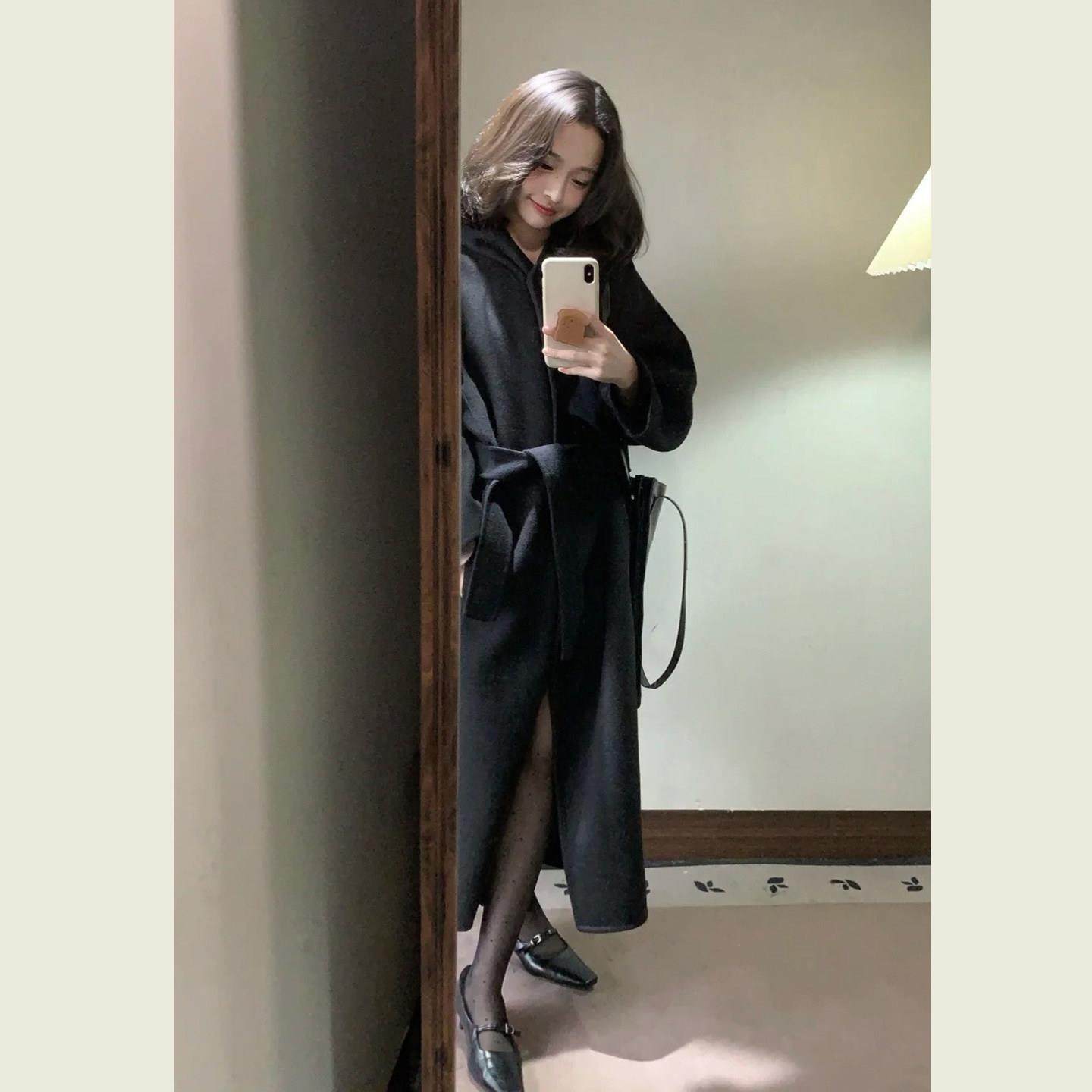 慵懒松弛感黑色连帽百搭呢子大衣女秋冬季老钱风长款系带毛呢外套,运动/瑜伽/健身/球迷用品,广场舞套装,淘宝优惠券,粉丝福利购,淘宝优惠卷