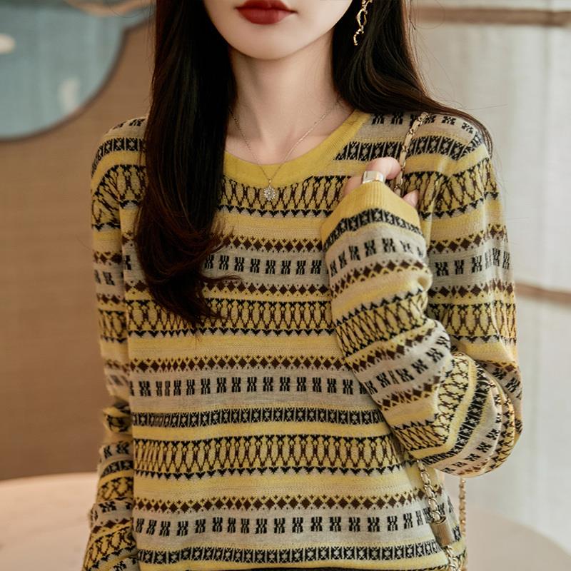 覆古民族风提花圆领针织衫女毛衣长袖秋冬撞色宽松打底衫内搭上衣