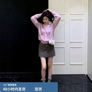 甜美风紫色蝴蝶结装饰长袖针织开衫半身短裙两件套女秋冬显瘦套装