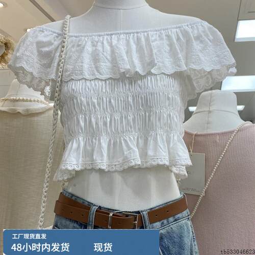 2025夏季新款法式重工一字领露肩上衣镂空勾花弹力修身短款衬衫女