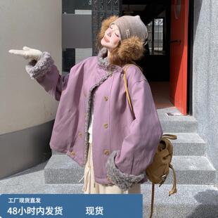 巨好看紫色毛绒拼接羽绒服女短款2025冬季甜酷风小个子白鸭绒外套