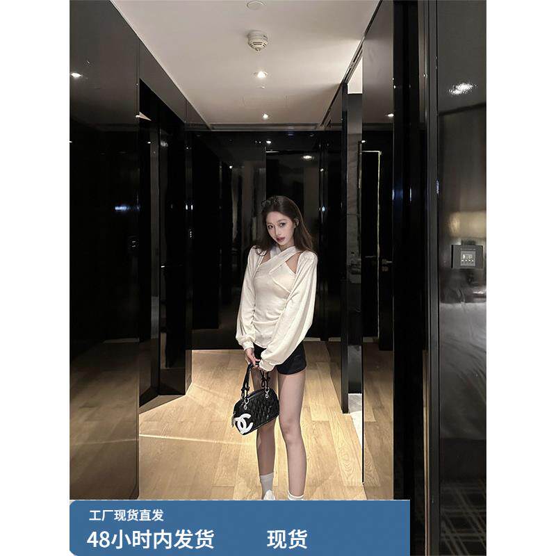 港味ins长袖针织罩衫套装女早秋叠穿交叉挂脖吊带背心两件套上衣