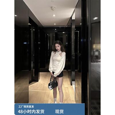 港味ins长袖针织罩衫套装女早秋叠穿交叉挂脖吊带背心两件套上衣