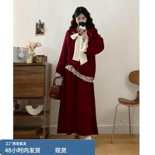 胖mm大码女装圣诞红色套装裙子2025冬装一整套穿搭富家千金两件套