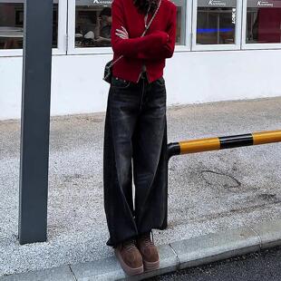 高腰弯刀牛仔裤女2025新款冬季加绒加厚黑色小个子显瘦修身阔腿裤