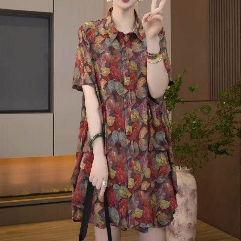 夏季新款特大码女装碎花衬衫短裤套装时尚洋气减龄显瘦遮肉两件套